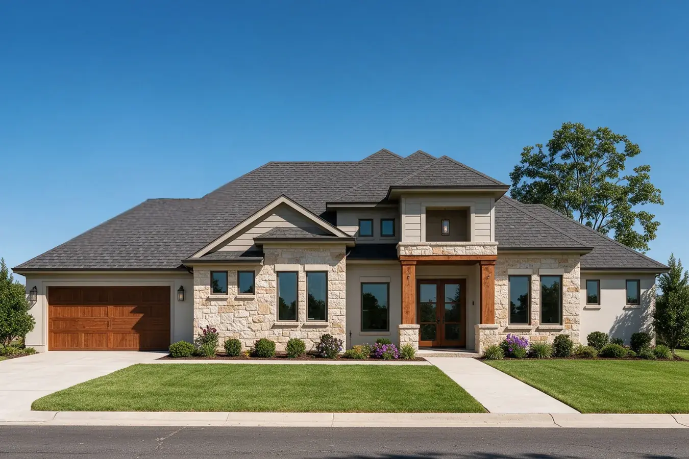John plan: single-story stone home with a cedar-post entry
