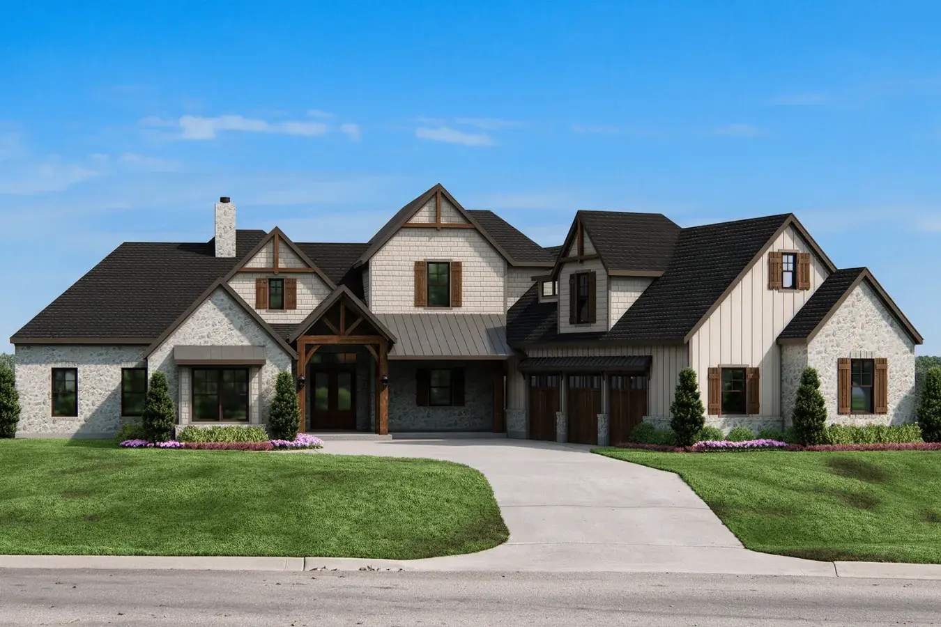 Luke plan: two-story stone and board-and-batten home with a timber entry