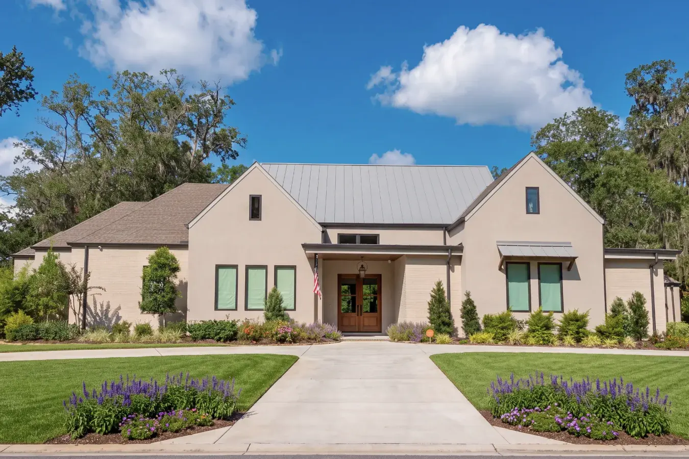 Mark plan: single-story modern home with gabled stucco wings