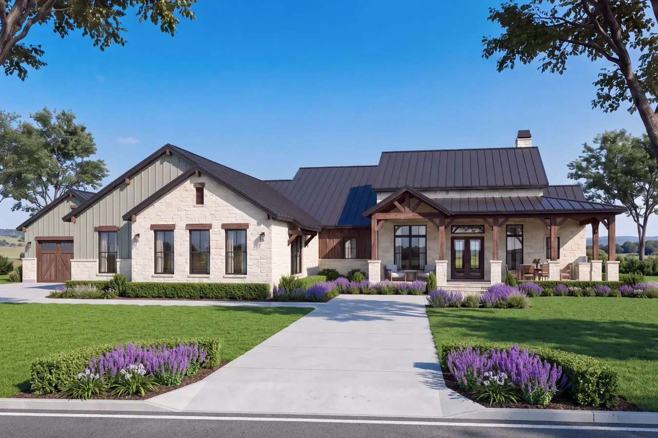 Matthew plan: single-story limestone farmhouse with a standing-seam metal roof
