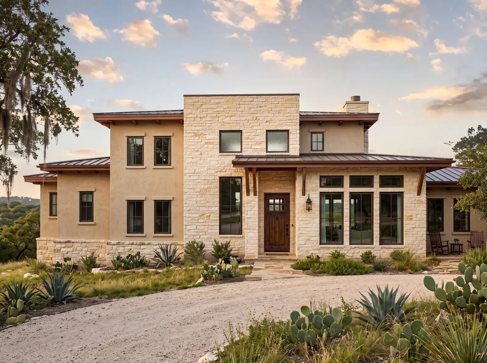 Romans plan: two-story limestone and stucco home