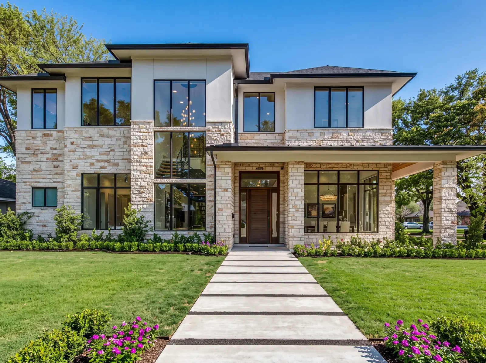 Timothy plan: two-story modern home in stacked stone and white stucco